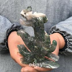 0.77LB Natural Aquatic plant Geode Agate quartz eagle hand Carved healing X1593
