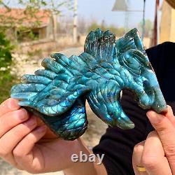 1.07LB Rare natural labradorite crystal hand-carved eagle sculpture cure
