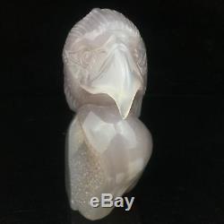 1.28LB Natural Geode Agate quartz eagle skull hand Carved crystal JK412