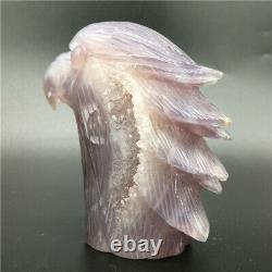 1.34LB Natural Geode Agate eagle skull quartz hand Carved crystal DK325-EAA-1