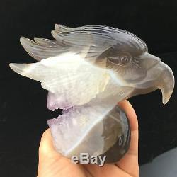 1.45LB Natural Geode Agate quartz eagle skull hand Carved crystal JK392