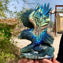 1.49LB Rare natural labradorite crystal hand-carved eagle sculpture cure
