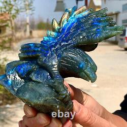 1.49LB Rare natural labradorite crystal hand-carved eagle sculpture cure