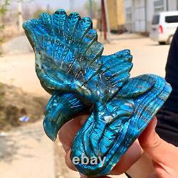 1.64LB Rare natural labradorite crystal hand-carved eagle sculpture cure