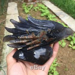 1.67LB Natural Geode Agate quartz eagle skull hand Carved crystal 3.9'' DK211