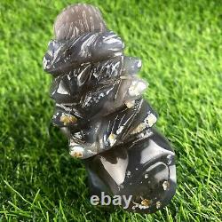 1.84LB Natural Geode Agate quartz crystal eagle skull hand Carved healing