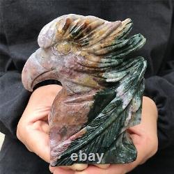 1.8LB Natural ocean jasper Quartz hand carved Crystal eagle skull reiki healing