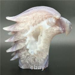 1.95LB Natural Geode Agate eagle skull quartz hand Carved crystal DK308-EAA-1