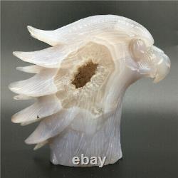 1.95LB Natural agate geode Quartz hand carved crystal eagle head Healing. DK302
