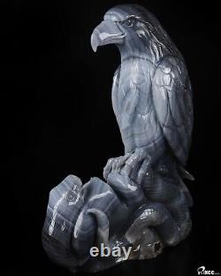 10.3 Gray & White Agate Hand Carved Crystal Eagle and Snake Sculpture