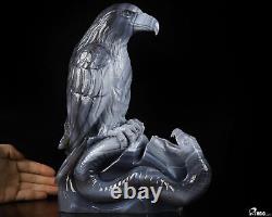 10.3 Gray & White Agate Hand Carved Crystal Eagle and Snake Sculpture