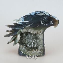 1089g 6.1 Natural Geode Agate Quartz Crystal Hand Carved Eagle Head Carving