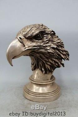 14 China Silver Feng Shui animal Eagle King of Birds Head Bust Statue Sculpture
