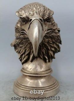 14 China Silver Feng Shui animal Eagle King of Birds Head Bust Statue Sculpture