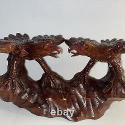 16- 2 Hand Carved Wooden Eagles Fighting Statue Sculpture Art- Vintage 80's