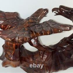 16- 2 Hand Carved Wooden Eagles Fighting Statue Sculpture Art- Vintage 80's