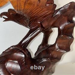 16- 2 Hand Carved Wooden Eagles Fighting Statue Sculpture Art- Vintage 80's