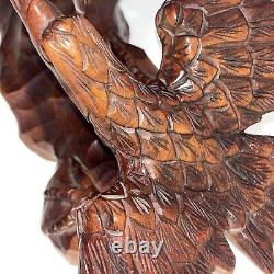 16- 2 Hand Carved Wooden Eagles Fighting Statue Sculpture Art- Vintage 80's