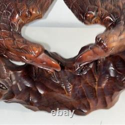 16- 2 Hand Carved Wooden Eagles Fighting Statue Sculpture Art- Vintage 80's