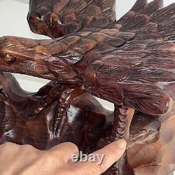 16- 2 Hand Carved Wooden Eagles Fighting Statue Sculpture Art- Vintage 80's