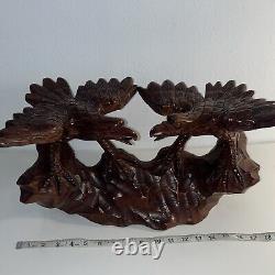 16- 2 Hand Carved Wooden Eagles Fighting Statue Sculpture Art- Vintage 80's