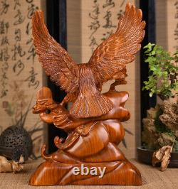 17.5 Chinese Hua Li Wood Hand Carved Da Zhan Hong Tu Eagle Statue Handmade
