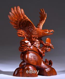 18 Chinese Fengshui 100% Natural Huanghuali Wood Hand Carved Eagle Art Statue