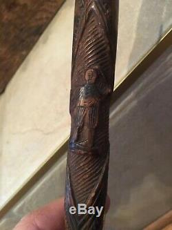 1800s Antique Mexican Hand Carved Folk Art Cane Eagle Soldier Train Horse