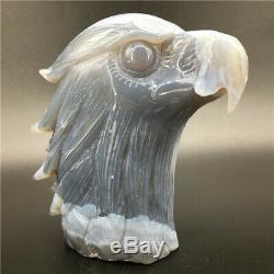 2.04LB Natural Geode Agate quartz eagle skull hand Carved crystal healing DK293