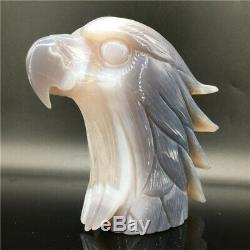 2.11LB Natural Geode Agate quartz eagle skull hand Carved crystal healing dk295