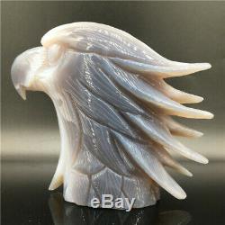 2.11LB Natural Geode Agate quartz eagle skull hand Carved crystal healing dk295