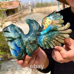 2.45LB Natural beautiful labradorite crystal hand- carved Flying Eagle
