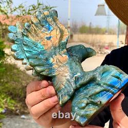 2.45LB Natural beautiful labradorite crystal hand- carved Flying Eagle