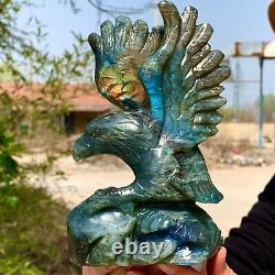 2.45LB Rare natural labradorite crystal hand-carved eagle sculpture cure