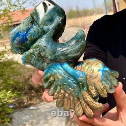 2.45LB Rare natural labradorite crystal hand-carved eagle sculpture cure