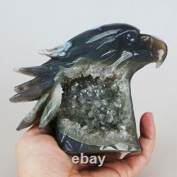 2.4LB 6.1 Natural Geode Agate Crystal Hand Carved Eagle Head Home Decoration