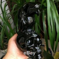 2.4LB Natural Black Obsidian Crystal Skull with Eagle Hand Carved Healing 1pcs