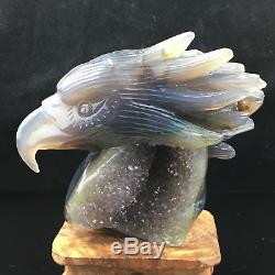 2.5LB Natural Geode Agate quartz eagle skull hand Carved crystal 5'' XK18