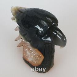 2.68LB 5.9 Natural Geode Agate Crystal Hand Carved Eagle Head Home Decoration