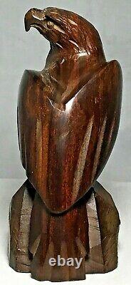 2 Hand Carved Ironwood Eagle Eaglet Statues Mid Century Modern Wood Birds Pair
