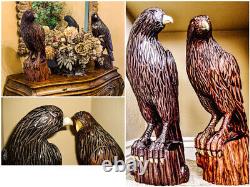 2 Vintage Large Showpiece Rare Hand Carved Sea Eagles Brass Talon Beak M/Female