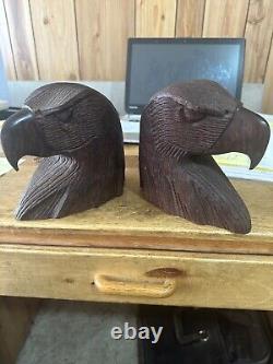 2 rosewood eagle head hand carved statues