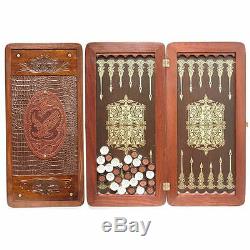 20 Handcarved wooden BACKGAMMON board, GOLDEN EAGLE game, wood dices big bronze
