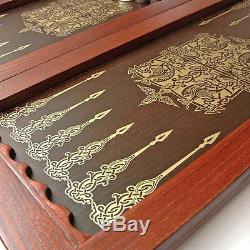 20 Handcarved wooden BACKGAMMON board, GOLDEN EAGLE game, wood dices big bronze