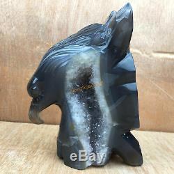 3.01LB Natural Geode Agate quartz eagle skull hand Carved crystal OK390-DAA-2
