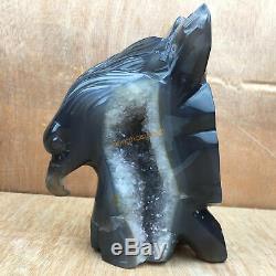 3.01LB Natural Geode Agate quartz eagle skull hand Carved crystal OK390-DAA-2