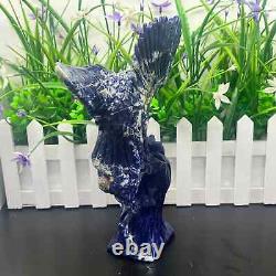 3.02LB Natural blue-veins stone Quartz Hand Carved Eagle Skull Crystal healing