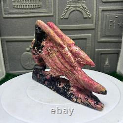 3.03lb Natural Rhodonite Quartz Hand Carved Eagle Skull Crystal Reiki Decor Gift