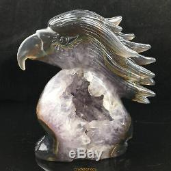 3.25LB Natural Geode Agate quartz eagle skull hand Carved crystal XK20