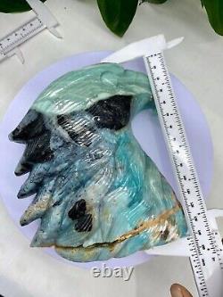 3.27LB Natural Sky blue Quartz hand carved Crystal eagle skull reiki healing